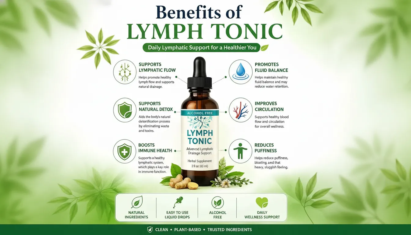 Lymph Tonic benefits infographic showing lymphatic drainage, circulation support, fluid balance, and detox support with herbal liquid supplement