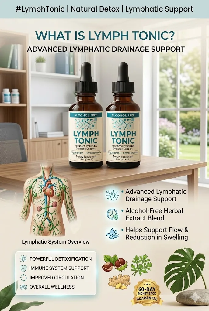 Product infographic showing Lymph Tonic alcohol-free herbal supplement bottles and lymphatic system overview for natural wellness support.